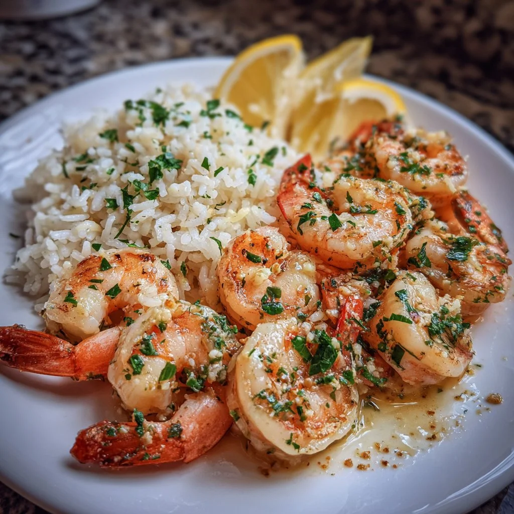 Plate of shrimp garlic butter rice garnished with herbs