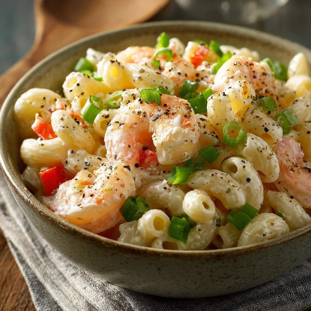 Shrimp Macaroni Salad served in a bowl with colorful vegetables