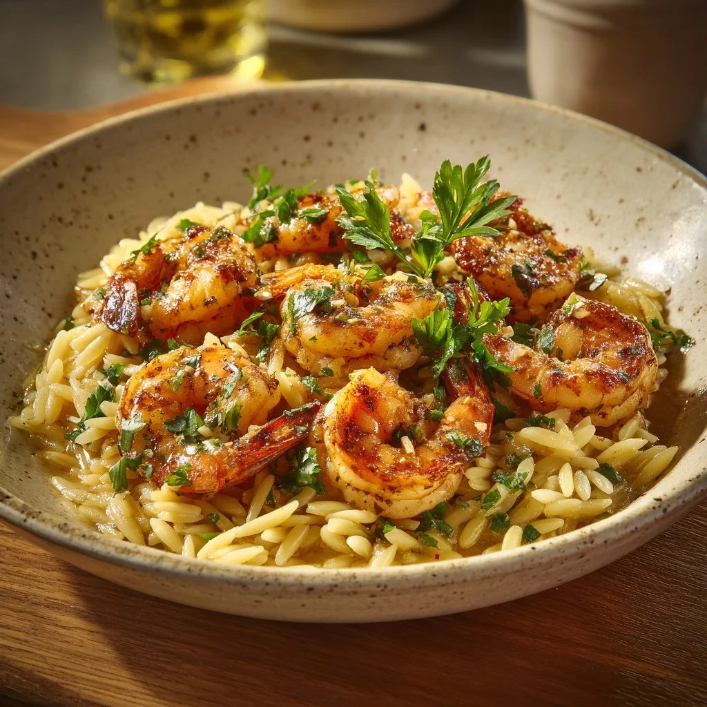 Shrimp Orzo in Lemon Garlic Sauce dish garnished with fresh herbs