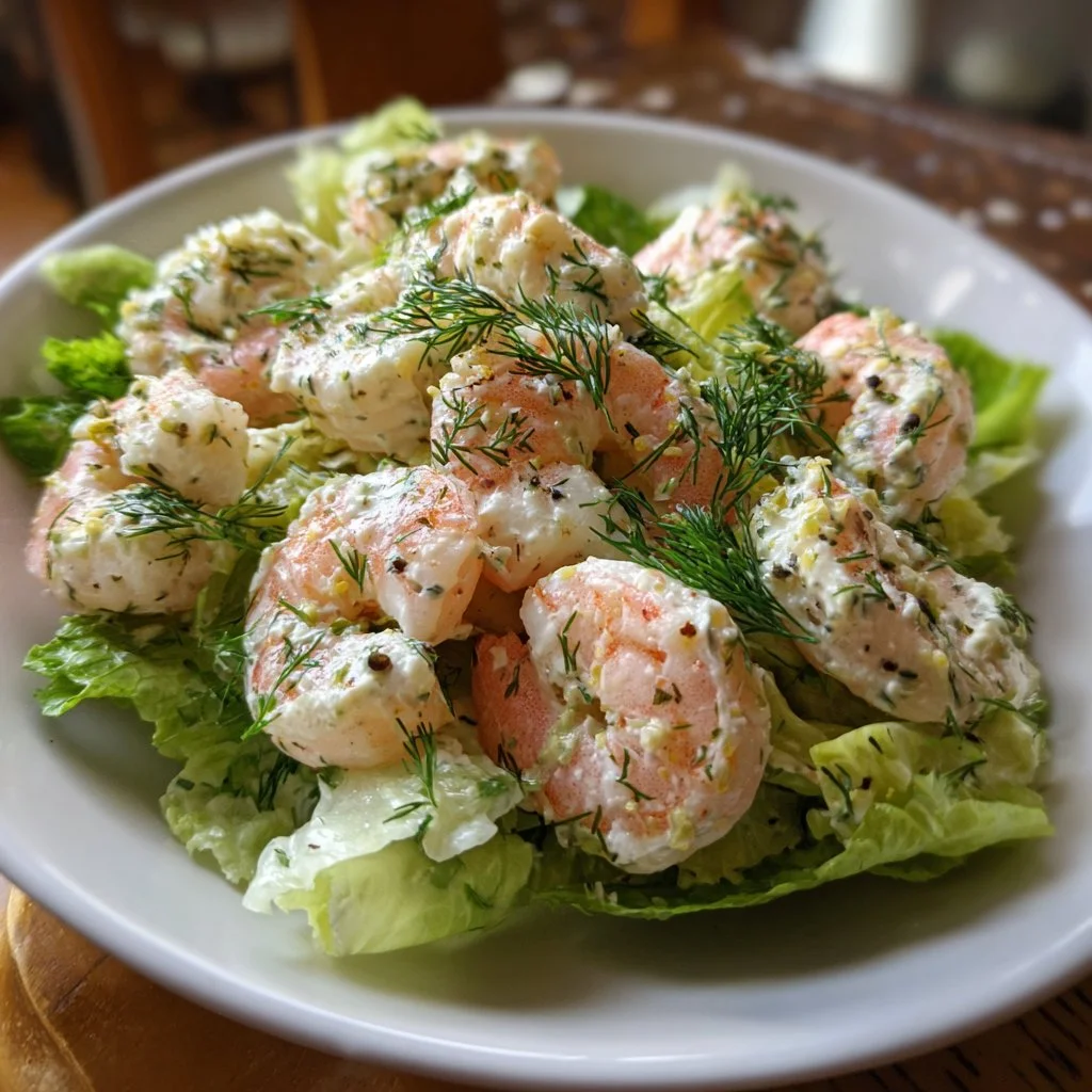 Delicious shrimp salad with fresh vegetables and dressing