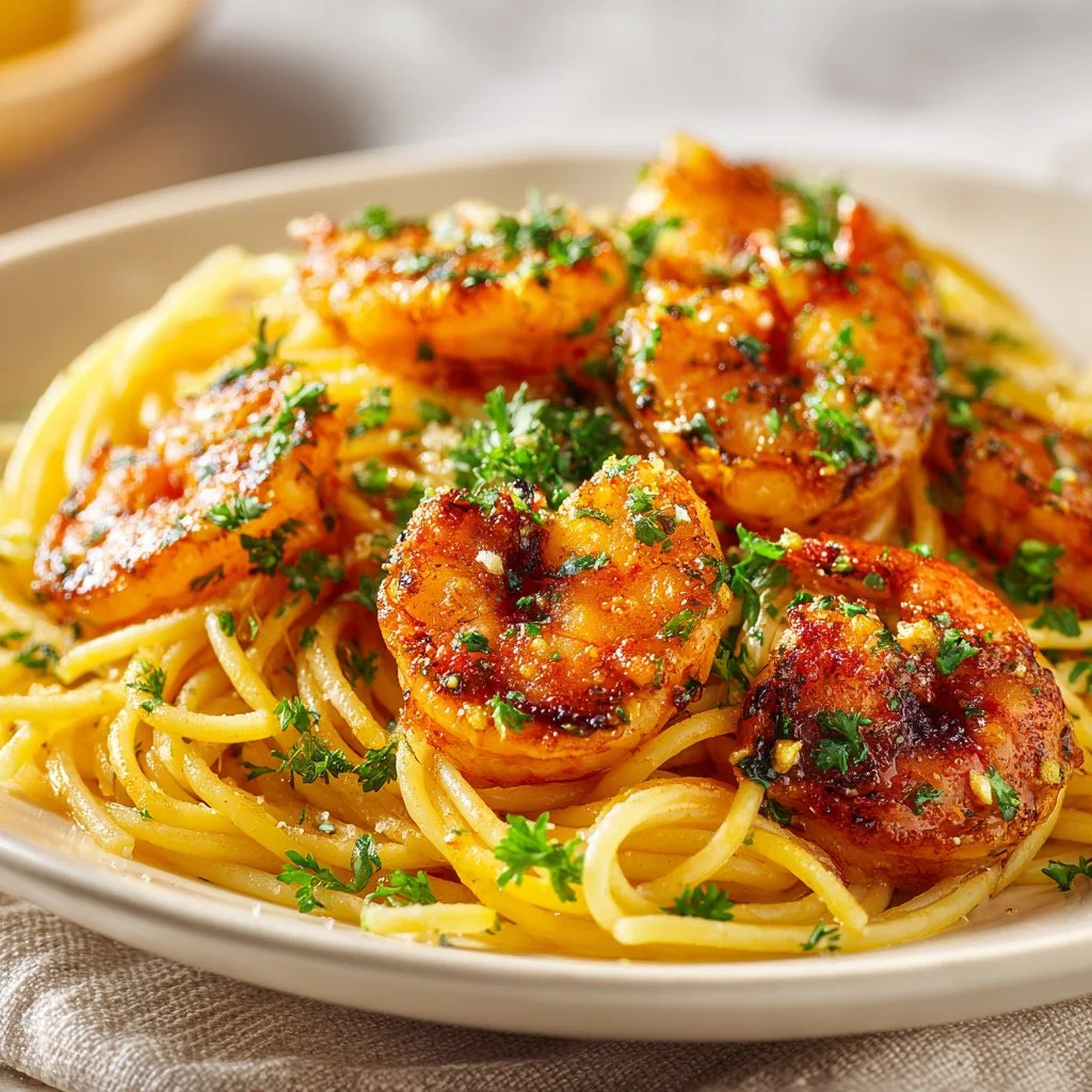 Delicious shrimp scampi with garlic and herbs served on a plate.
