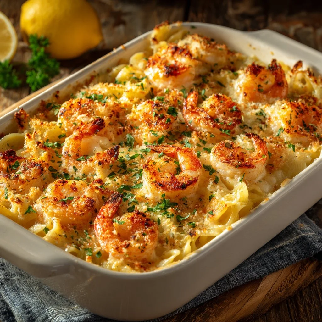 Shrimp Scampi Pasta Bake topped with herbs and cheese