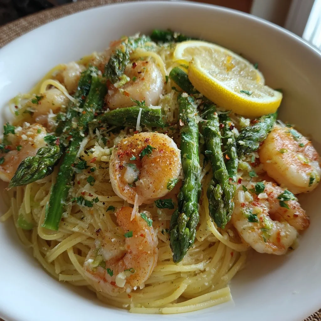 Shrimp Scampi Pasta with Asparagus plated on a rustic table setting
