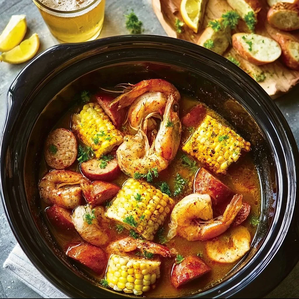 Delicious slow cooker shrimp boil with shrimp, corn, and potatoes