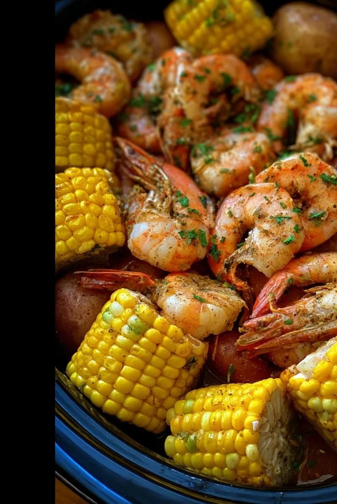 Delicious slow cooker shrimp boil with spices, corn, and potatoes.