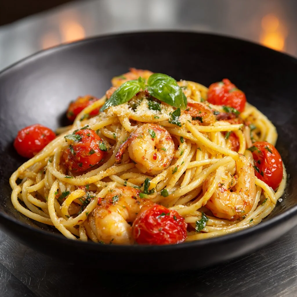 Plate of spaghetti with shrimp in a creamy cheese sauce