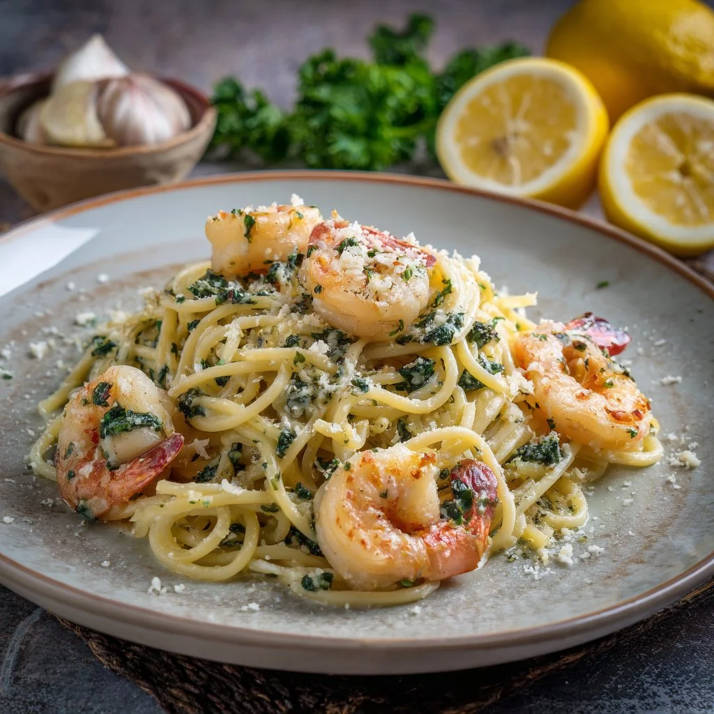 Spaghetti topped with shrimp in a creamy Alfredo sauce