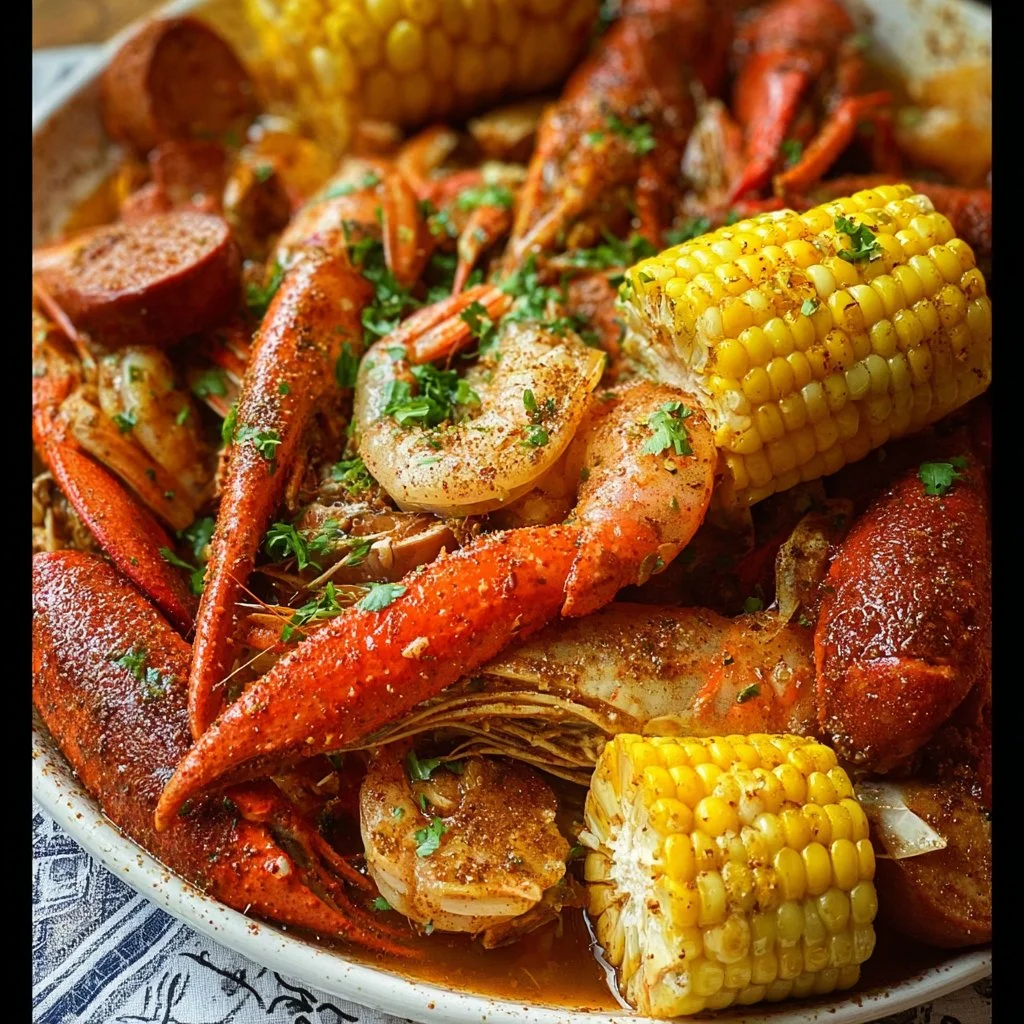 A delicious Spicy Cajun Seafood Boil featuring shrimp, crab, and spices