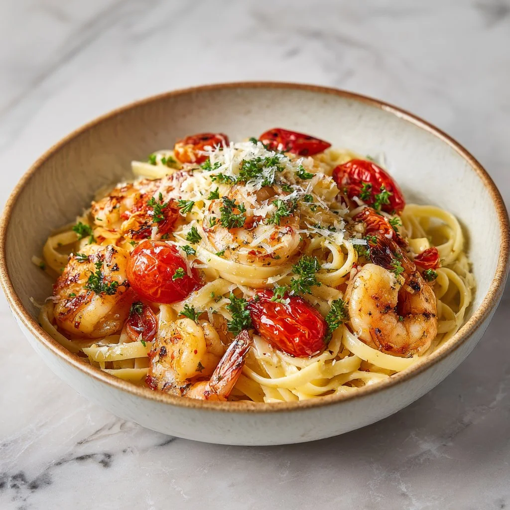 Plate of spicy garlic shrimp pasta garnished with herbs