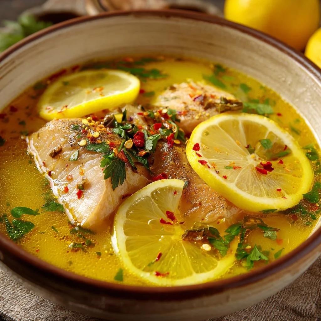 A bowl of spicy lemon fish soup garnished with herbs and lemon slices.