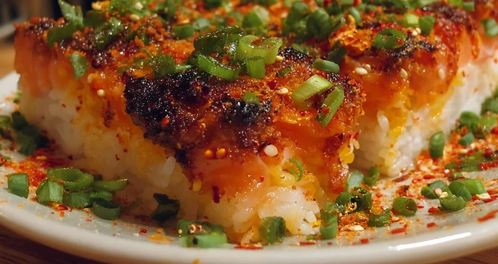 Delicious Spicy Salmon Sushi Bake served in a dish with toppings and garnishes