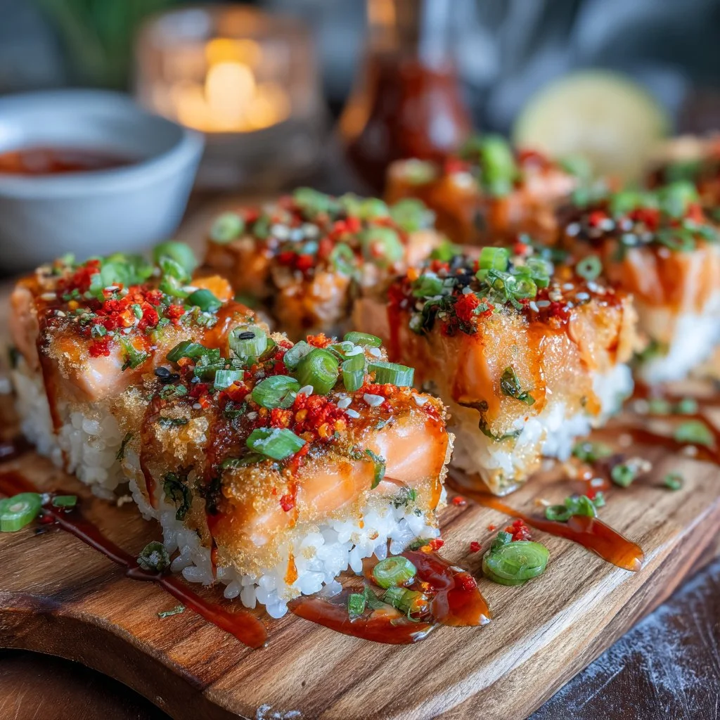 A mouthwatering Spicy Salmon Sushi Bake topped with creamy sauce and fresh ingredients