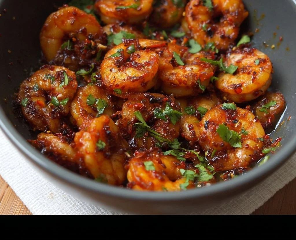Delicious spicy shrimp dish garnished with fresh herbs and served on a plate.