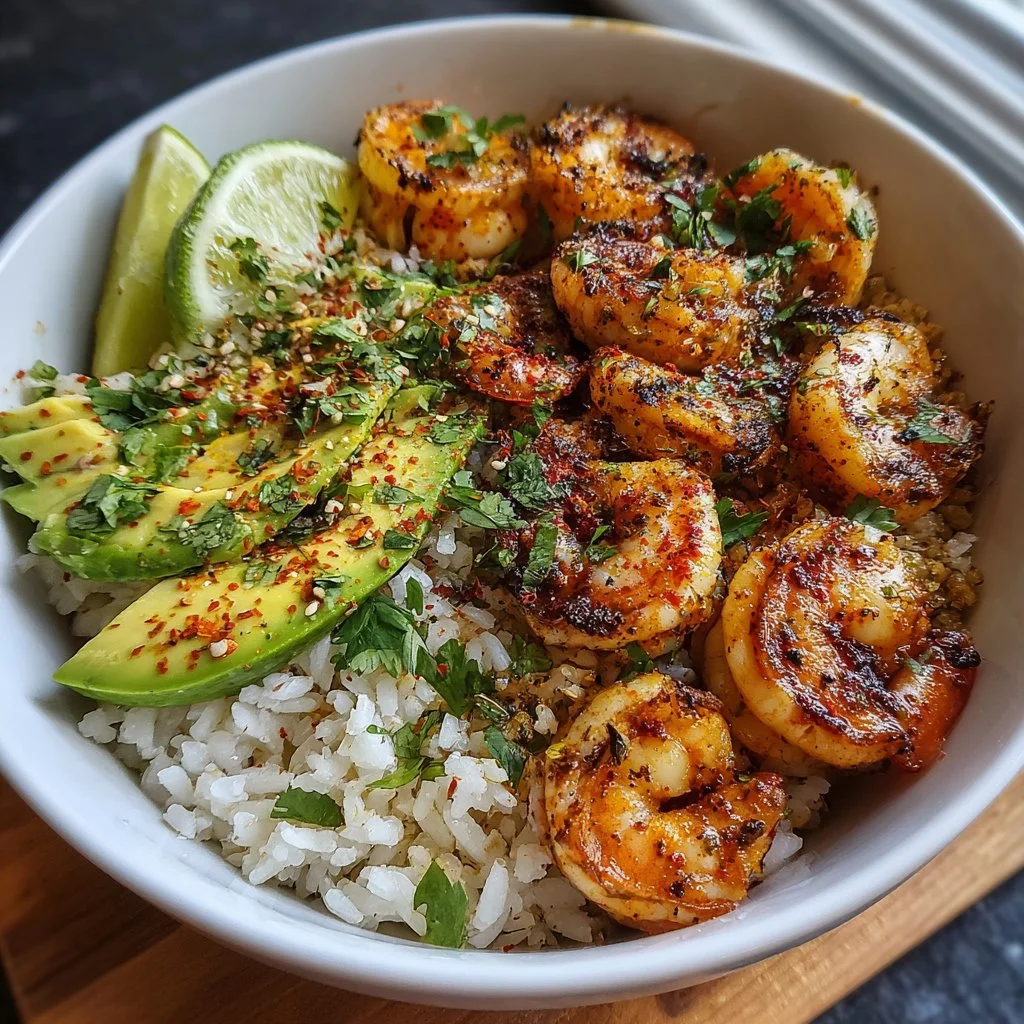 Spicy shrimp and avocado rice bowl garnished with fresh herbs and lime.