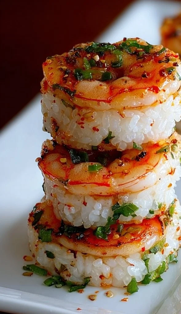 Delicious spicy shrimp sushi stacks on a wooden platter