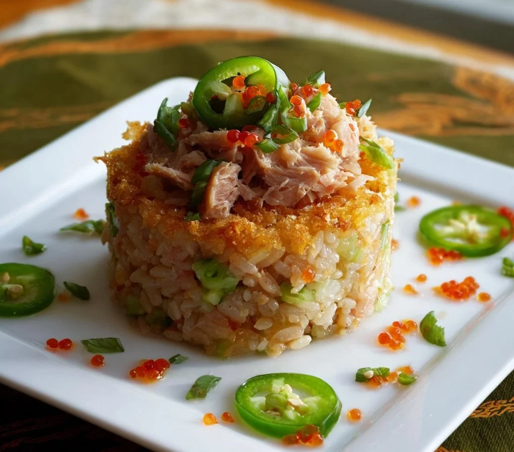 Delicious spicy tuna served on crispy rice, garnished for a perfect appetizer.