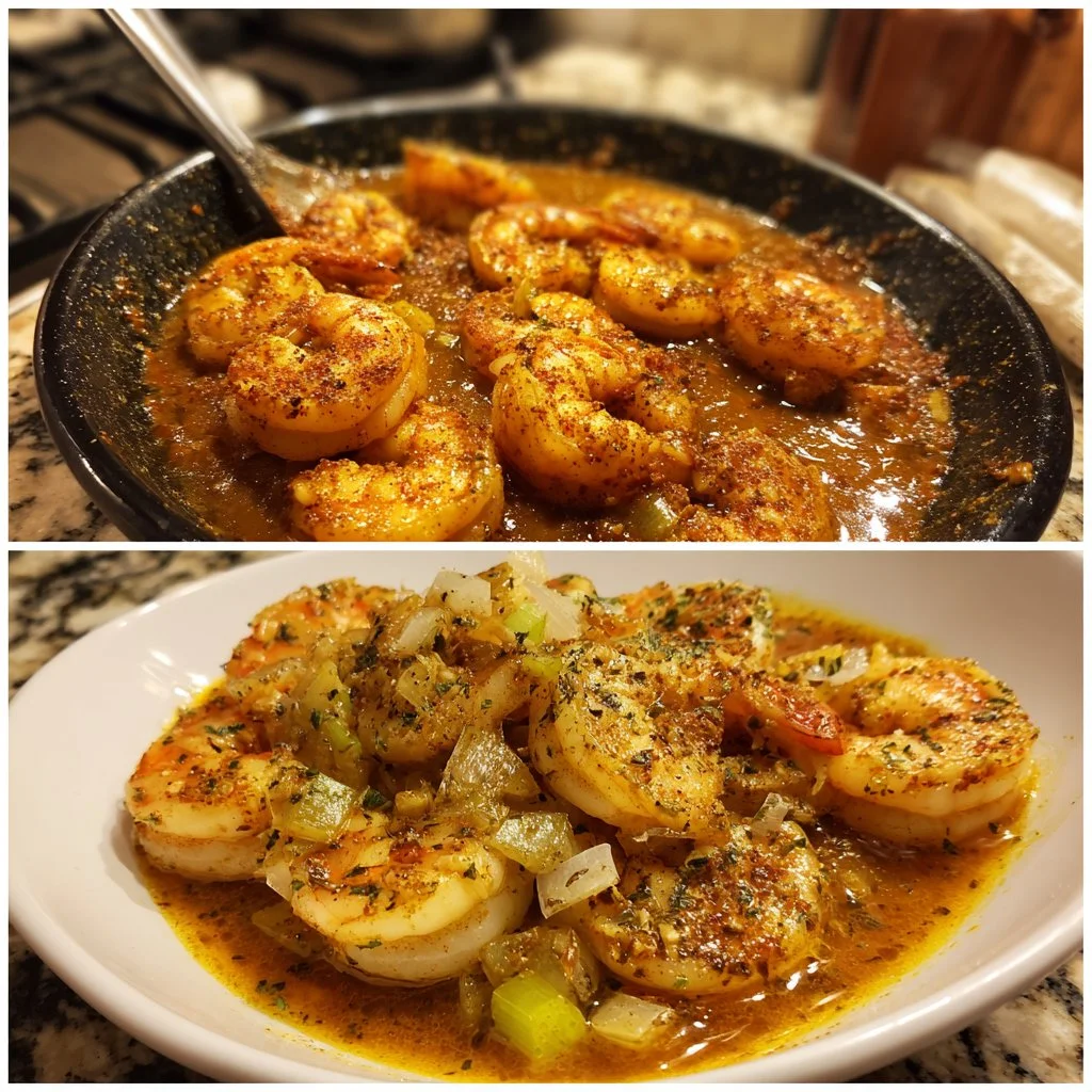 Plate of spicy Voodoo Shrimp garnished with herbs and served over rice