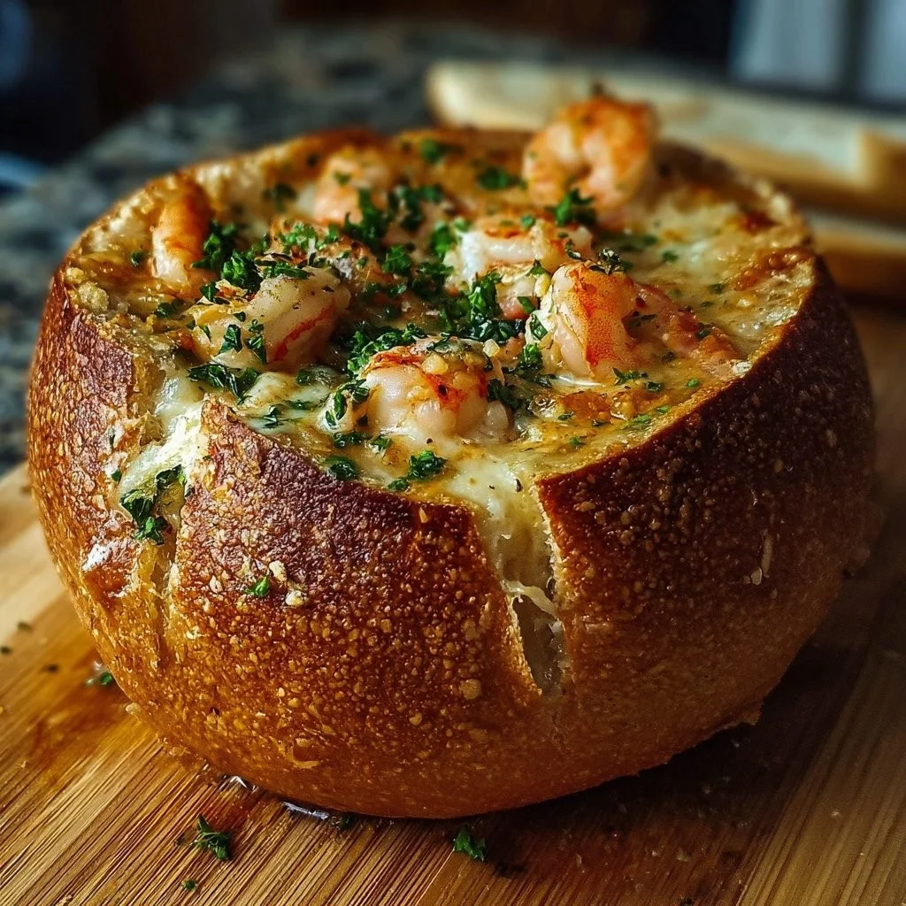 Stuffed seafood bread bowl filled with fresh seafood and herbs