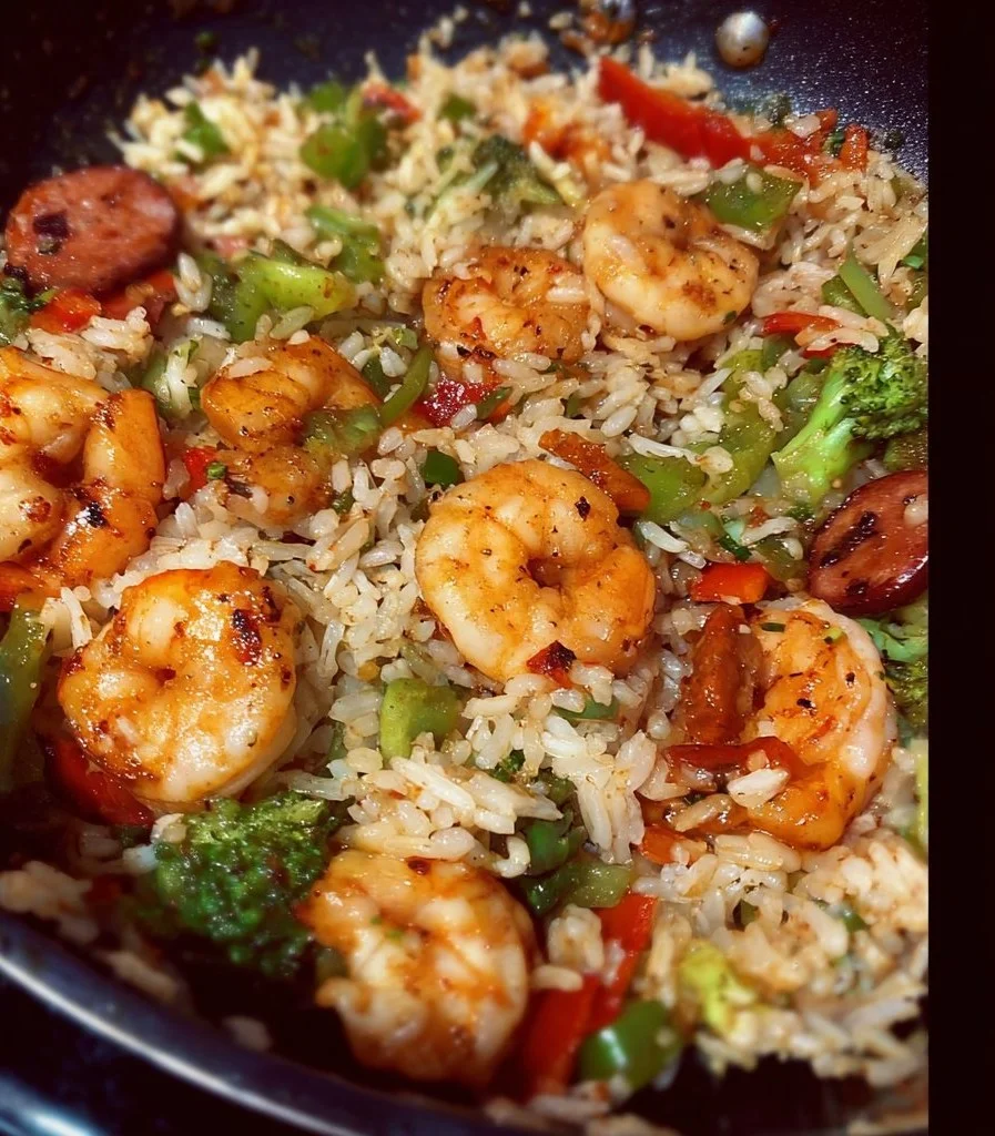 Sweet and Spicy Shrimp Rice served in a bowl, garnished with herbs.