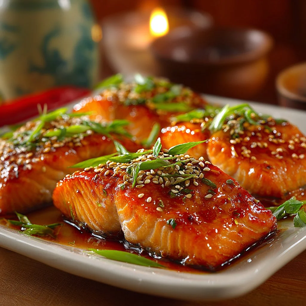 Grilled teriyaki salmon garnished with green onions on a white plate.