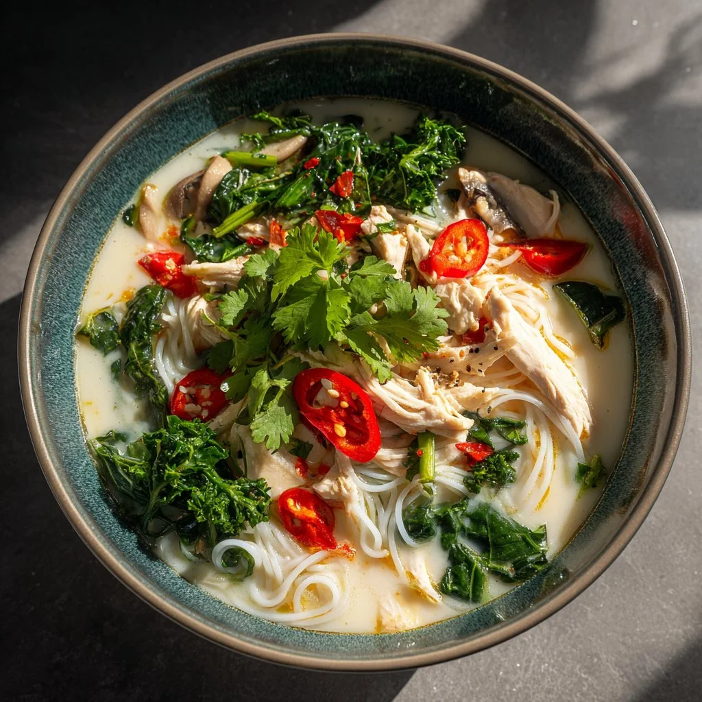 Bowl of Thai Coconut Lime Chicken Soup with noodles and fresh ingredients