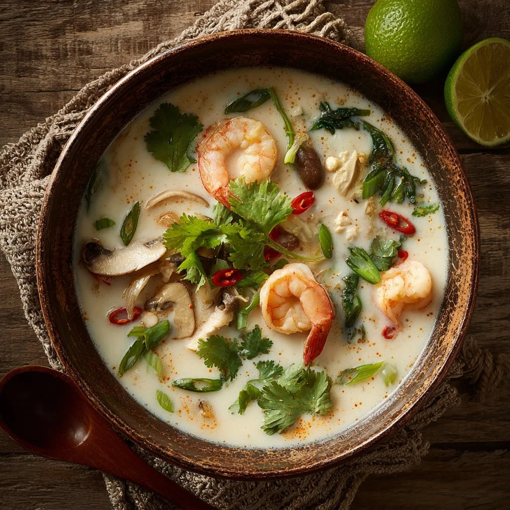 A bowl of aromatic Thai shrimp soup garnished with fresh herbs and lime