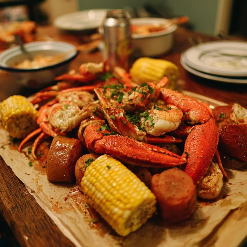 Delicious seafood boil featuring shrimp, crab, and corn in a flavorful broth.