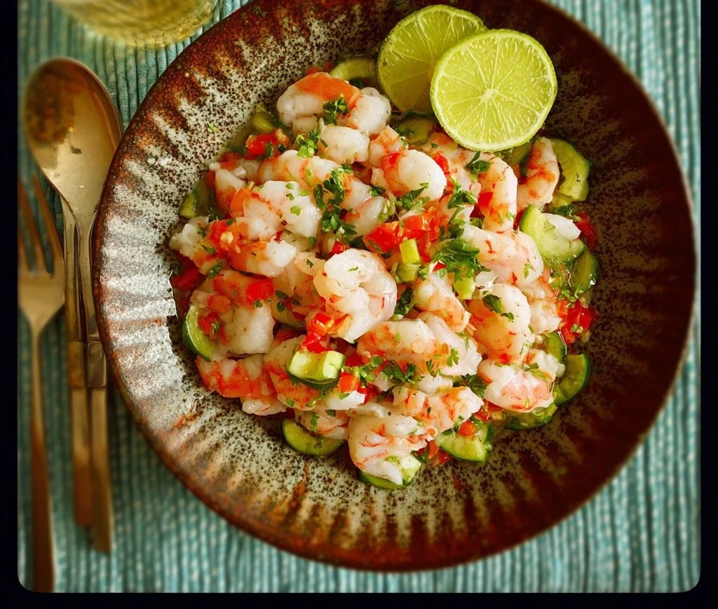 Delicious shrimp ceviche served in a colorful bowl with fresh ingredients.