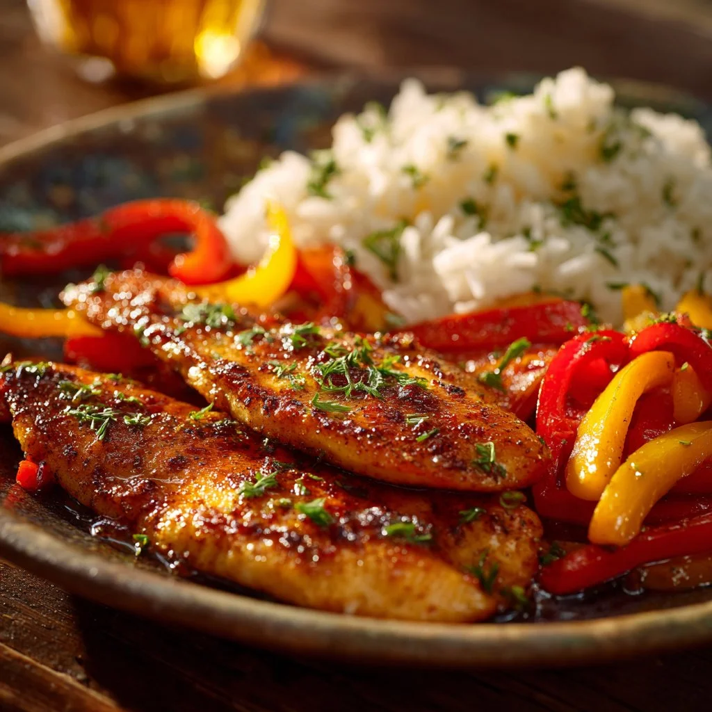 Pan-seared tilapia fillet drizzled with lemon garlic butter sauce