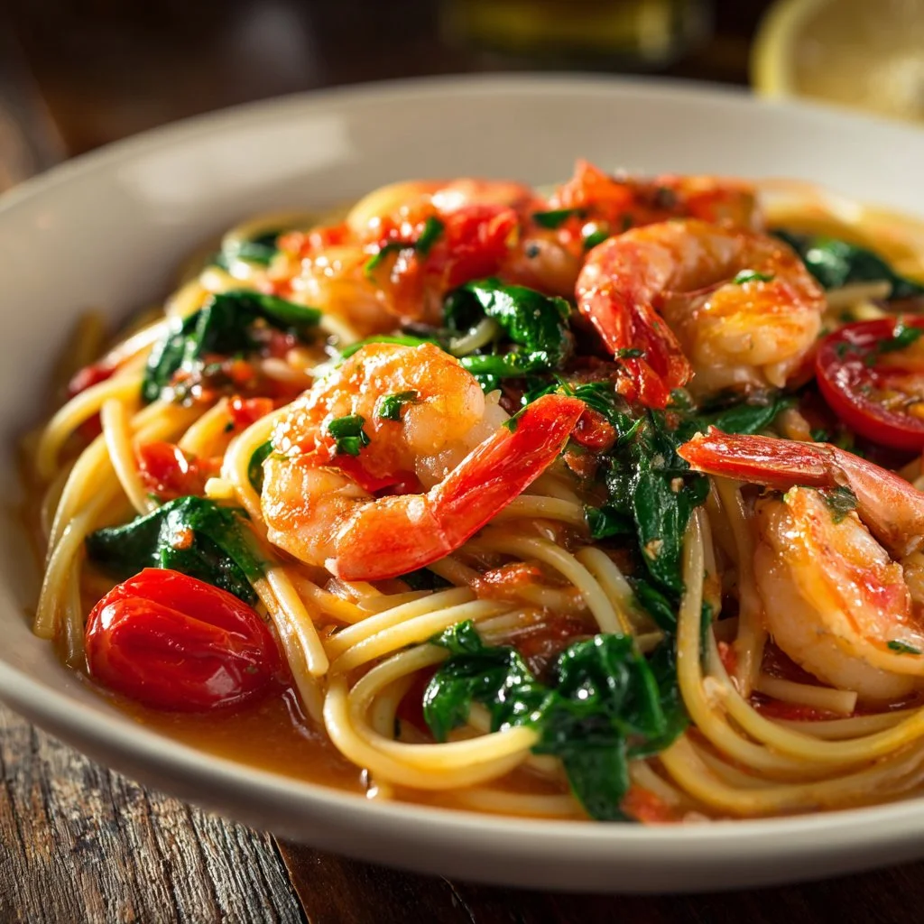 Plate of Tomato Spinach Shrimp Pasta with colorful vegetables