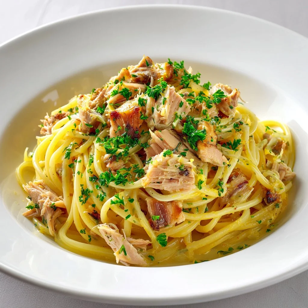 Delicious plate of Tuna Spaghetti garnished with herbs