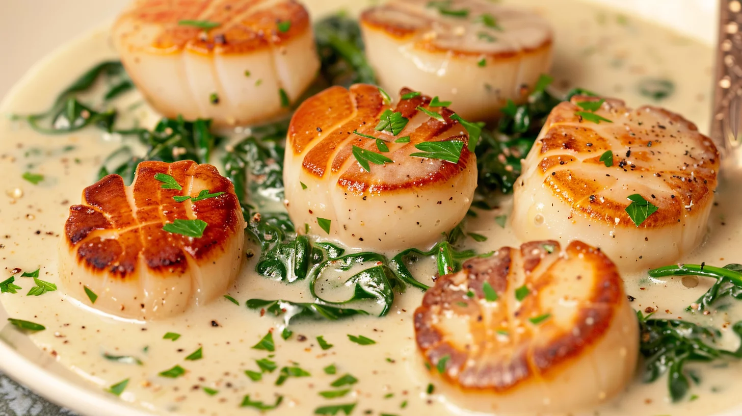 Tuscan Creamy Scallops With Spinach