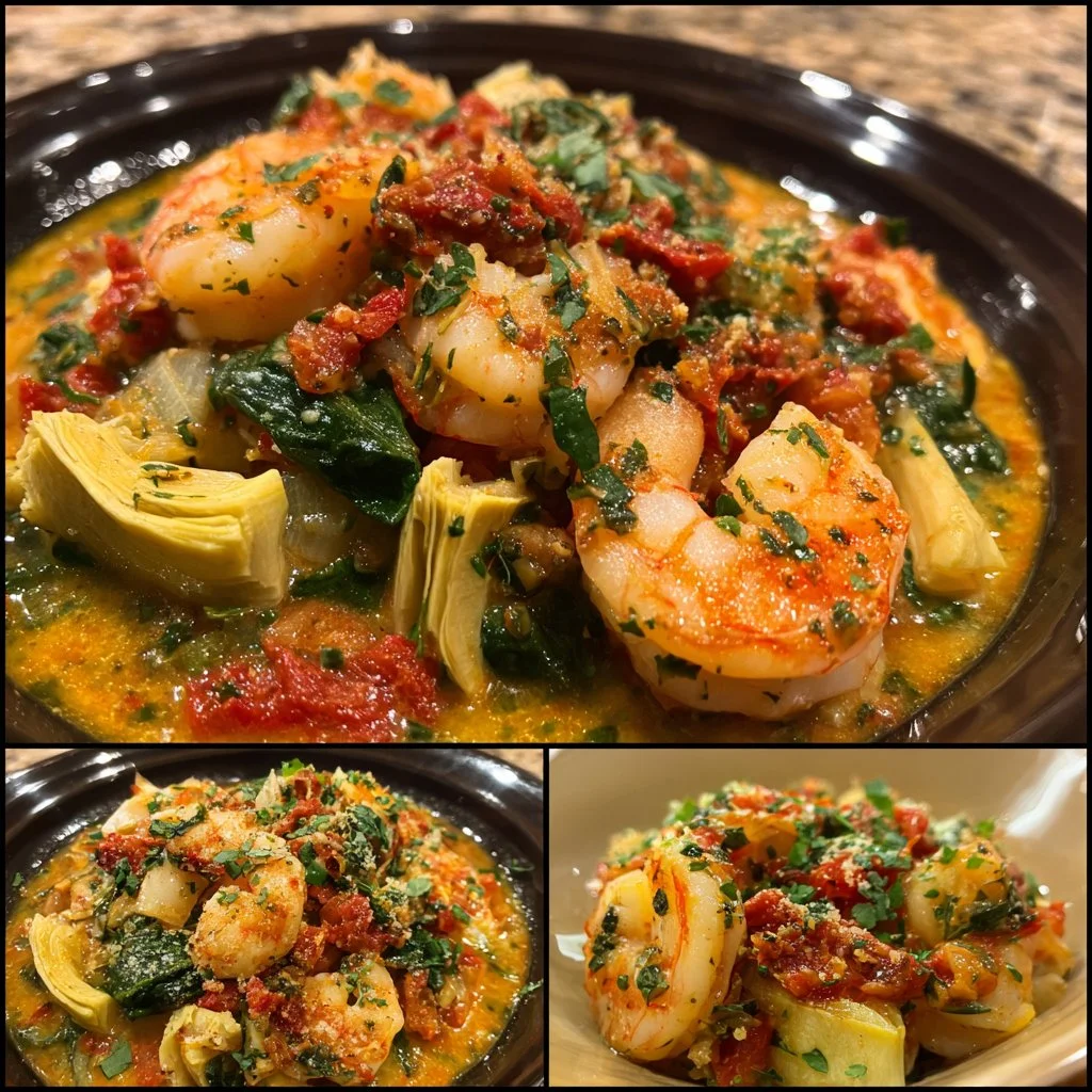 A delicious serving of Tuscan shrimp with spinach and artichokes on a plate.