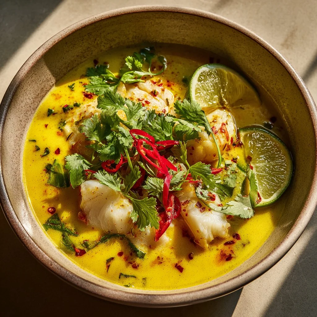 Bowl of zesty coconut lime fish soup garnished with fresh herbs