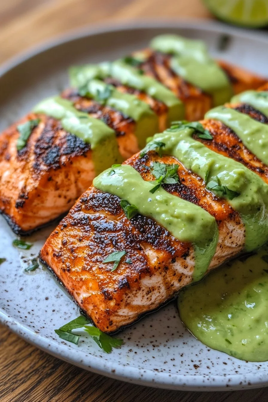 Quick Baked Cajun Salmon with Avocado Lime Sauce