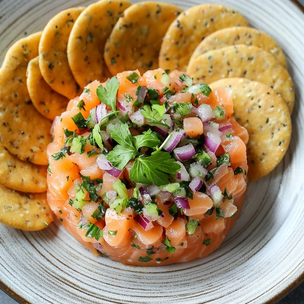 Freshly prepared salmon tartare served with avocados and seasoning