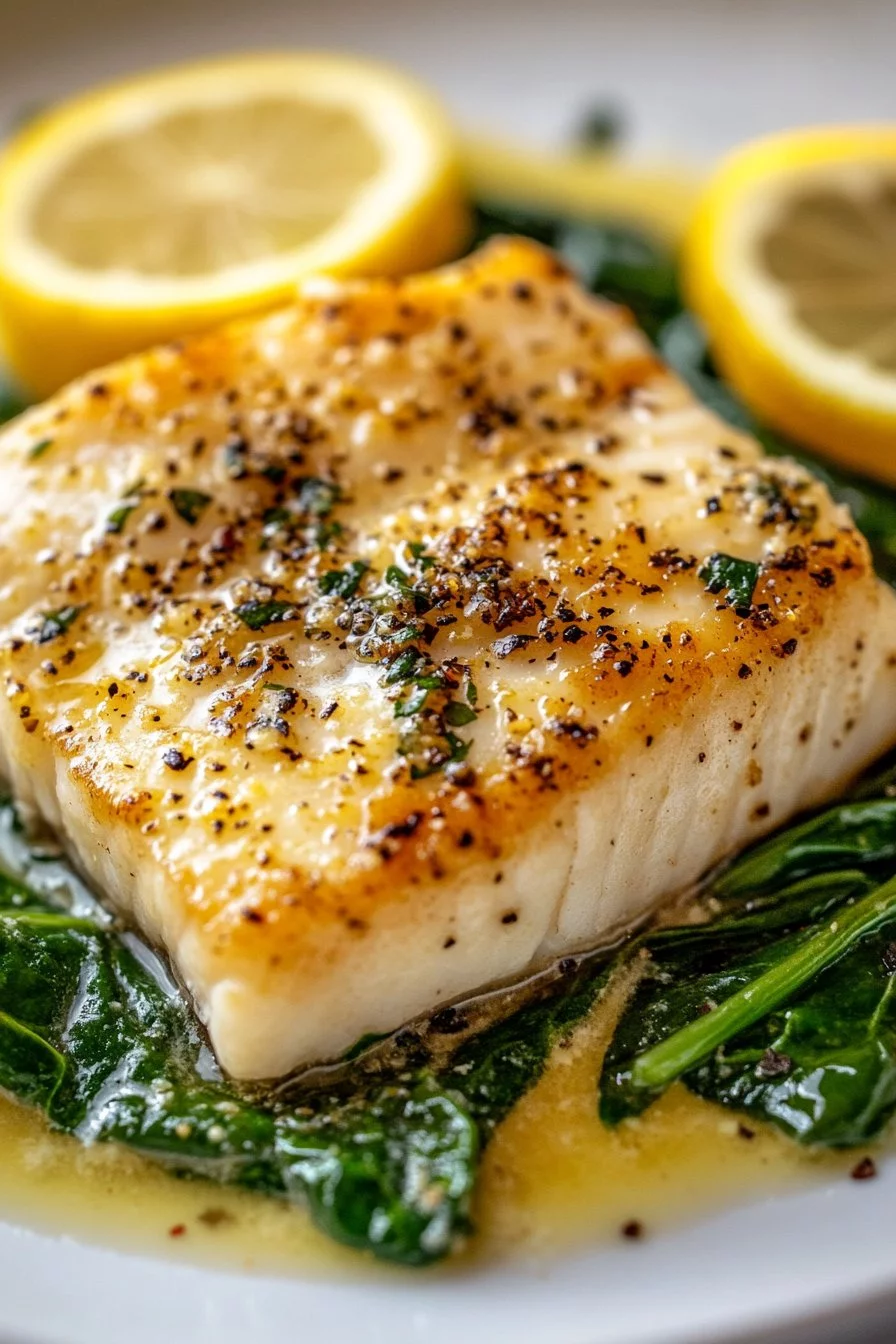 Lemon-Garlic Sea Bass with Creamy Spinach