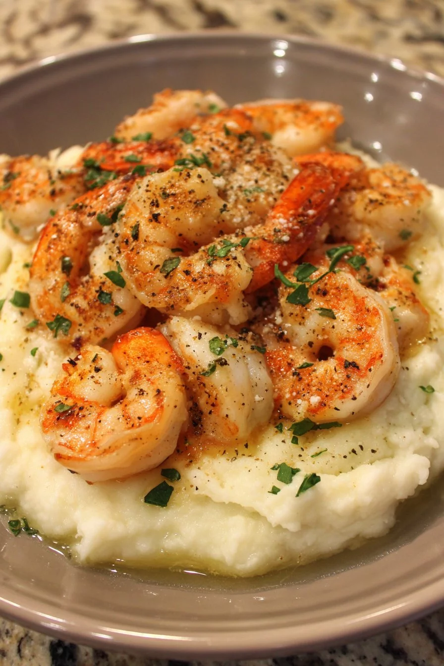 Creamy Garlic Shrimp Over Mashed Potatoes