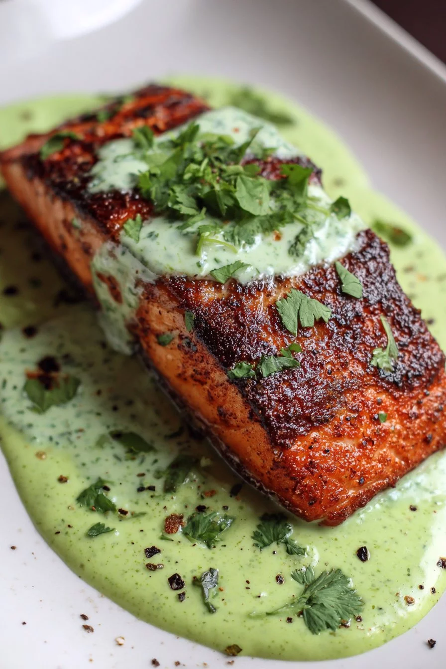 Baked Cajun Salmon with Avocado Lime Sauce