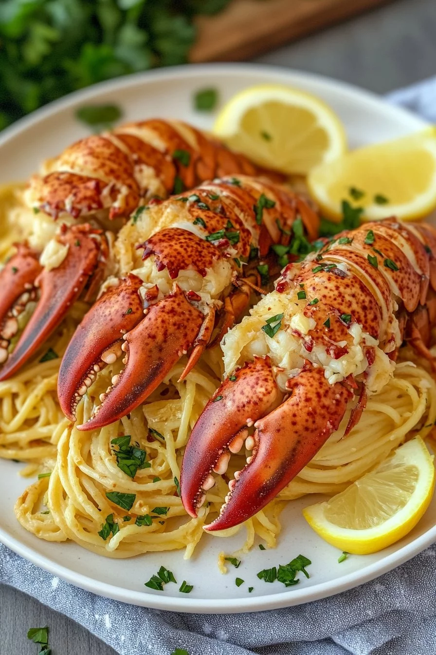 Butter Poached Lobster Tails over Linguine