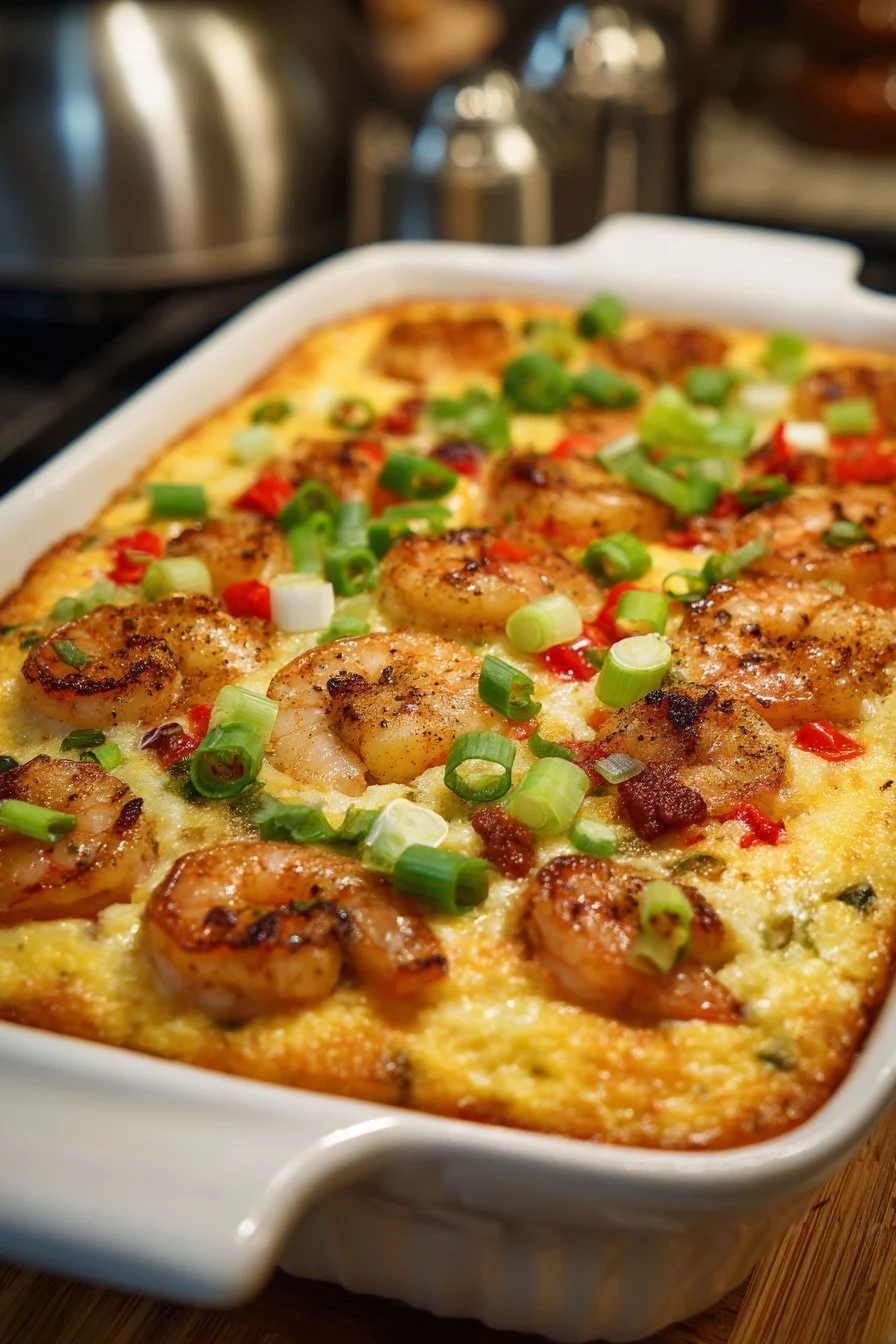 Spicy Shrimp and Grits Casserole with Gouda Cheese