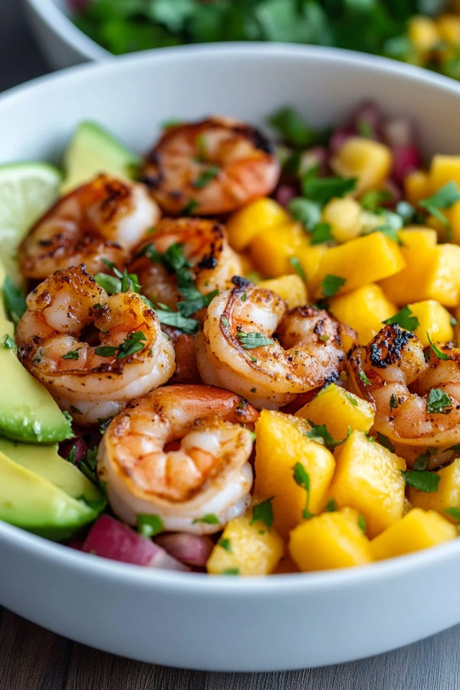 Shrimp and Avocado Bowls with Mango Salsa & Lime-Chili Sauce