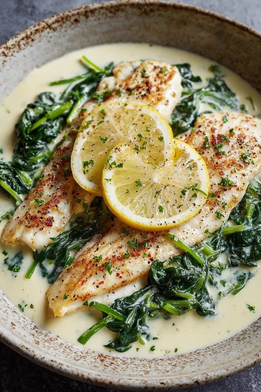 Lemon-Garlic Sea Bass with Creamy Spinach