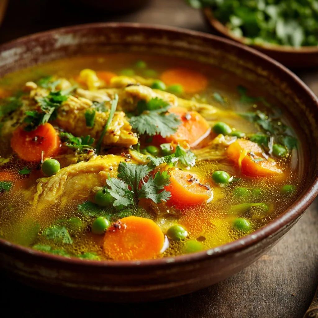 Bowl of anti-inflammatory turmeric chicken soup garnished with herbs and spices