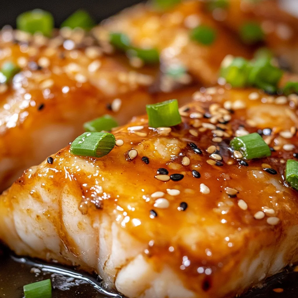 Delicious ginger soy glazed cod served with vegetables on a plate.