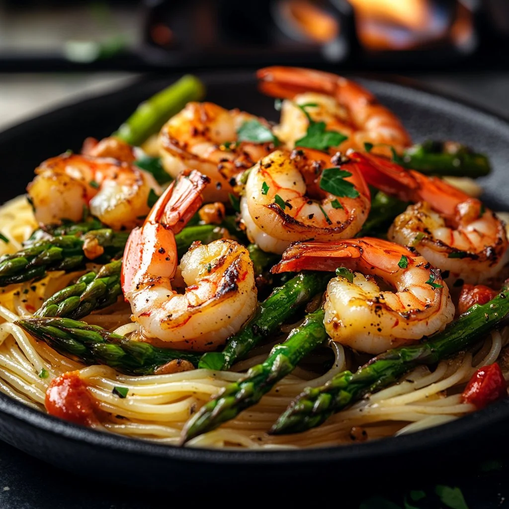 Plate of asparagus and shrimp served with angel hair pasta