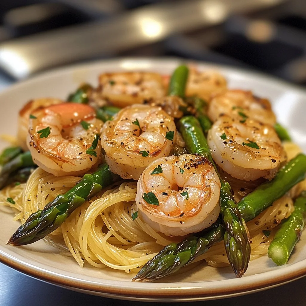 Asparagus Shrimp Angel Hair Pasta with fresh shrimp and green asparagus.