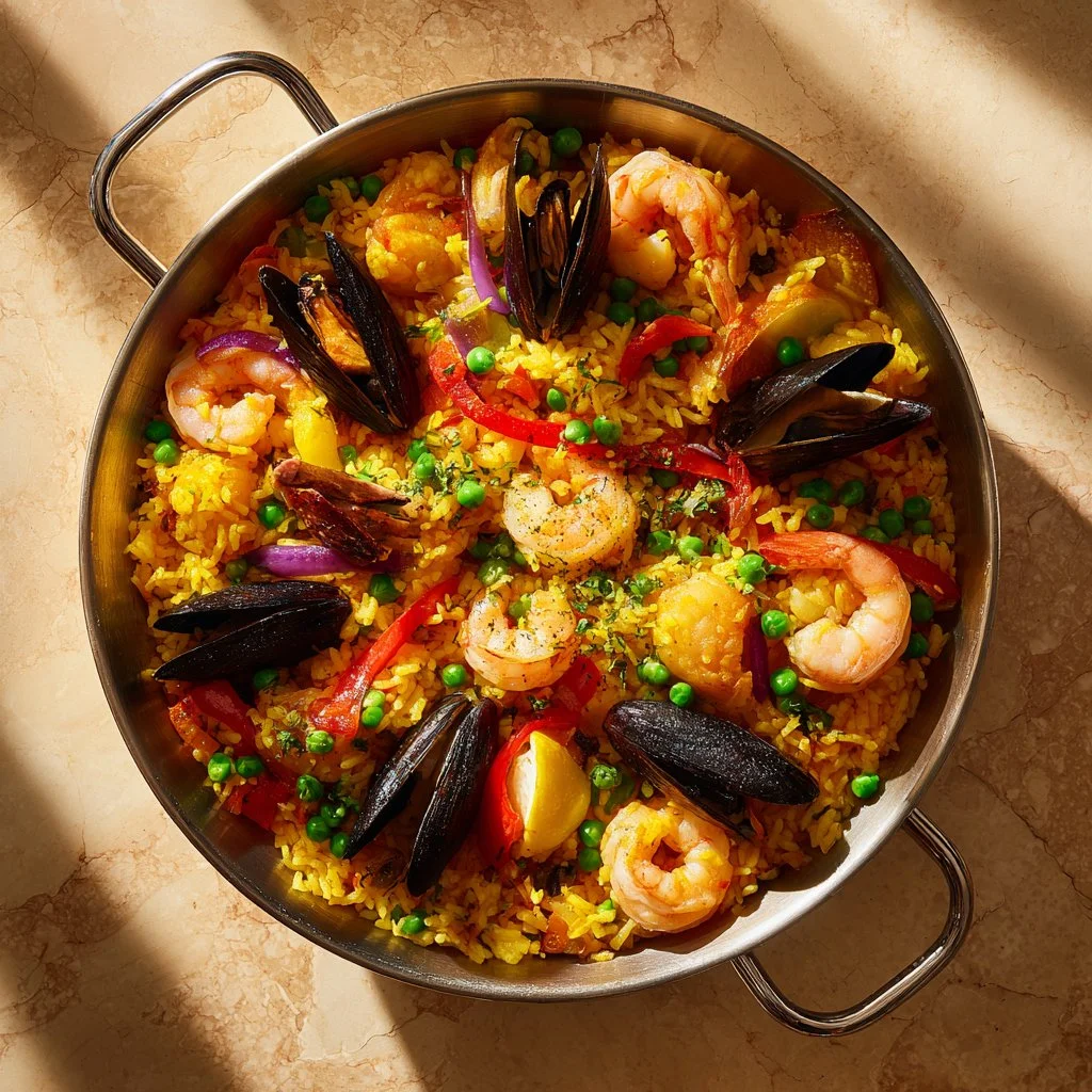 A beautifully arranged plate of authentic paella garnished with seafood and vegetables.