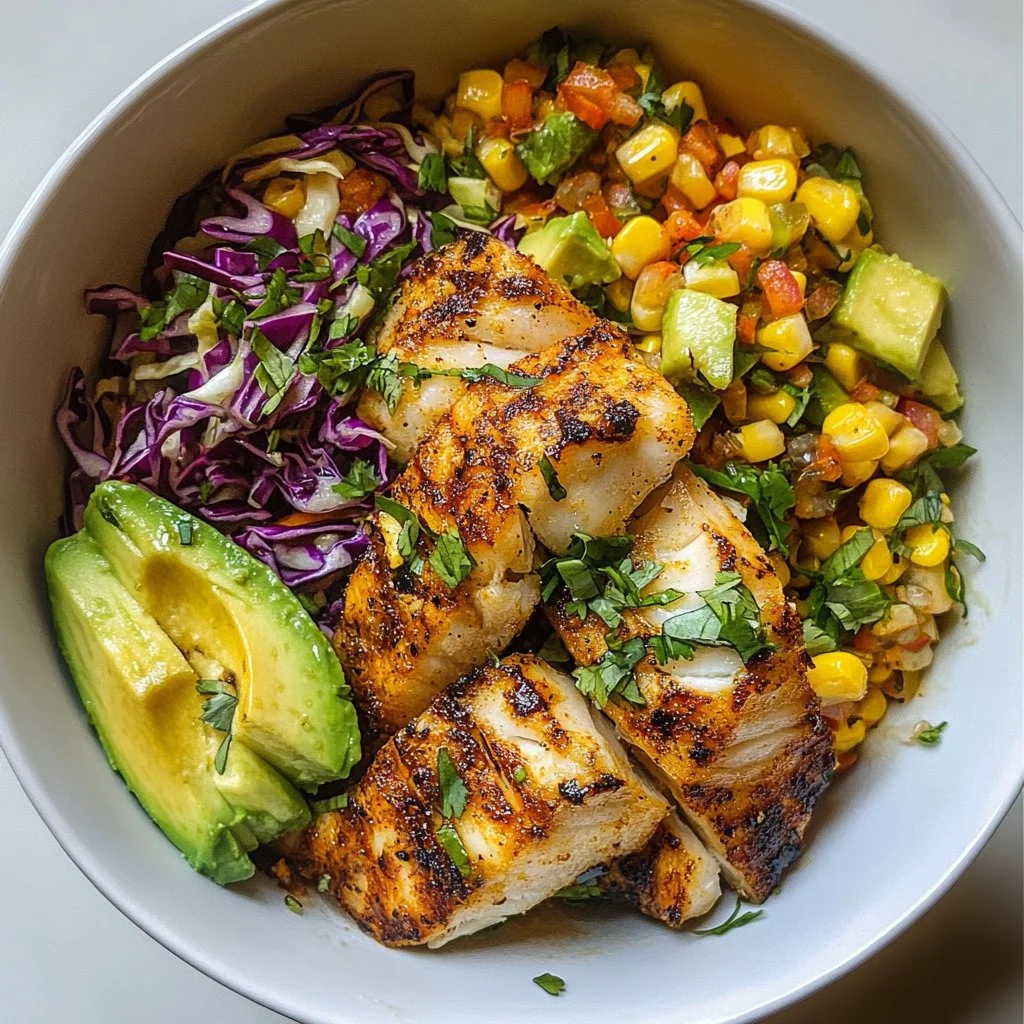 Baja Fish Taco Bowl with fresh ingredients and vibrant toppings