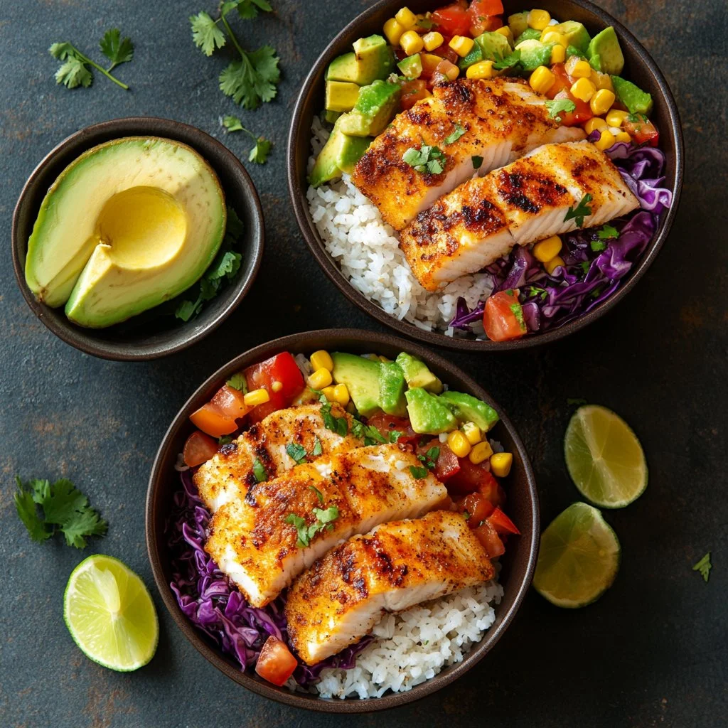 Delicious Baja fish taco bowls with fresh fish, toppings, and rice served in a bowl.